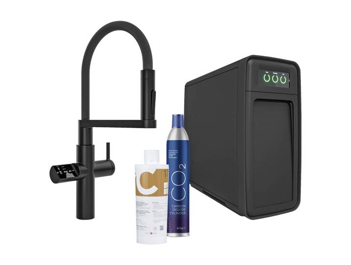 Visiona Küchenarmatur, Schwarz, Metall, Kunststoff, 1.5 l, 20x43.9x51.60 cm, Reach, DIN EN ISO 14001, DIN EN ISO 9001, Made in EU, CE, Antikalk-Strahlregler, eingebautes Geräteabsperrventil, flexible Anschlussschläuche, 100 °C kochendes Wasser direkt aus der Armatur, Sprudelwasser, Trinkwassersystem, Küchen, Küchenausstattung, Küchenarmaturen