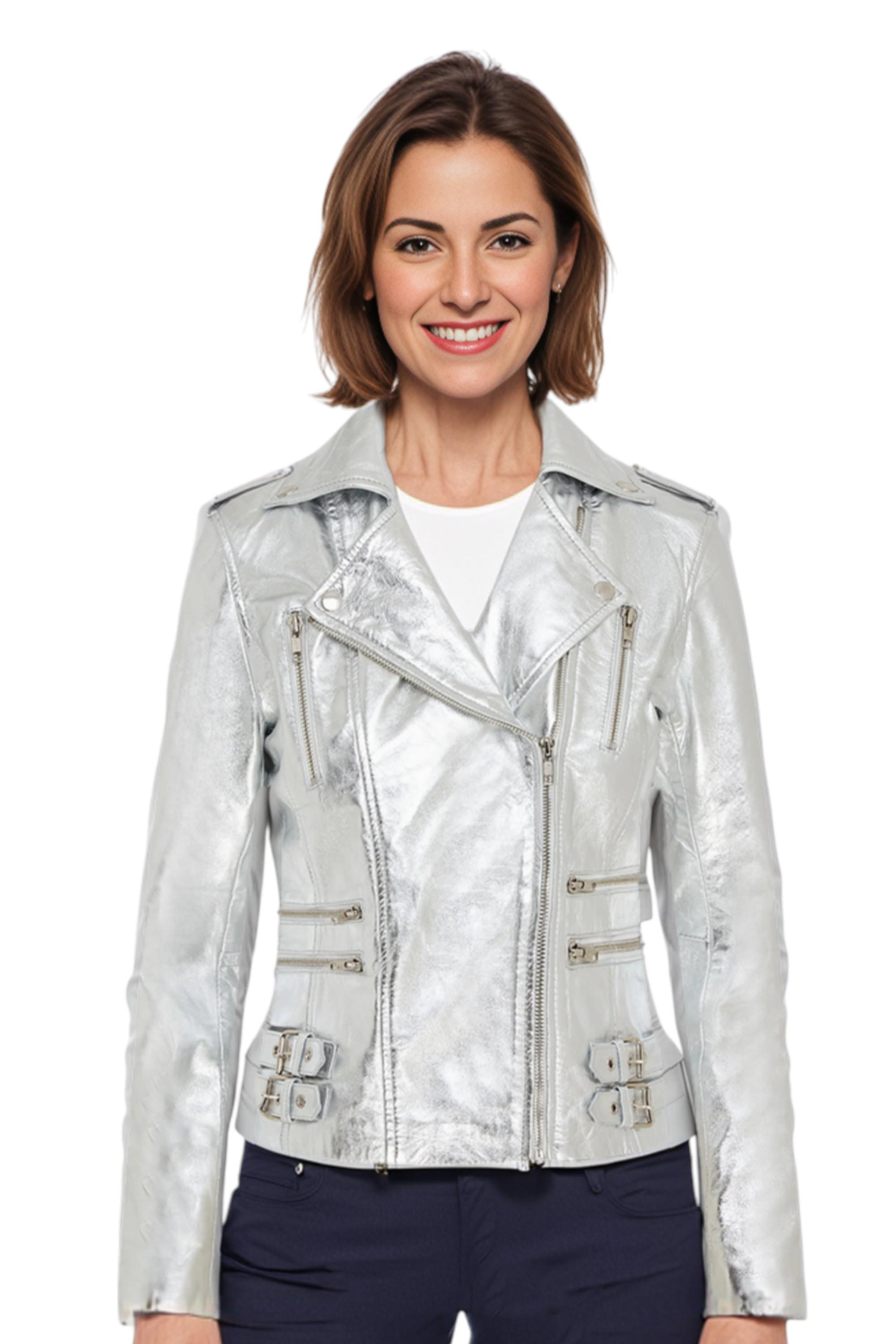 Damen Leder Silber Brando Bikerjacke-Constantia