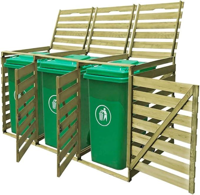 Mülltonnenbox für 3 Tonnen 240 L, Kiefernholz grün imprägniert, 218,3 x 92 x 120 cm, mit 3 Türen und aufklappbaren Deckeln für Garten, Terrasse, Hof, Einfahrt, Sichtschutz und Ordnung