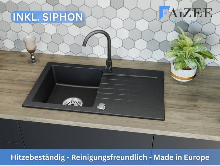 Faizee Möbel Granitspüle Granitspüle 76x44 Schwarz+ Armatur Schwarz Eckig inkl Siphon, Eckig, 75/43,5 cm