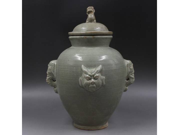 Vase chinois Antique sculpté, pot de couverture de tête de chien, ornements en porcelaine Antique entièrement faits à la main, Collection Antique