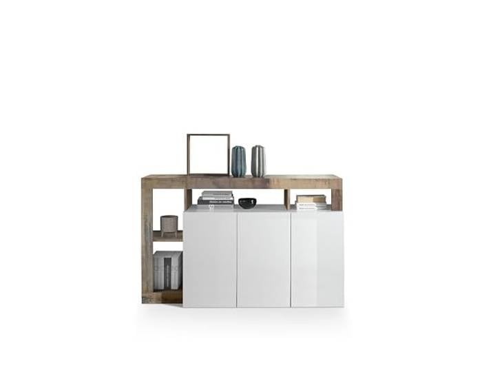 AVANTI TRENDSTORE - Hamburg - Sideboard aus laminiertem Holz in der Farbe Weiß Hochglanz / Holzdekor Abmessungen LAP ca. 146x93x42cm