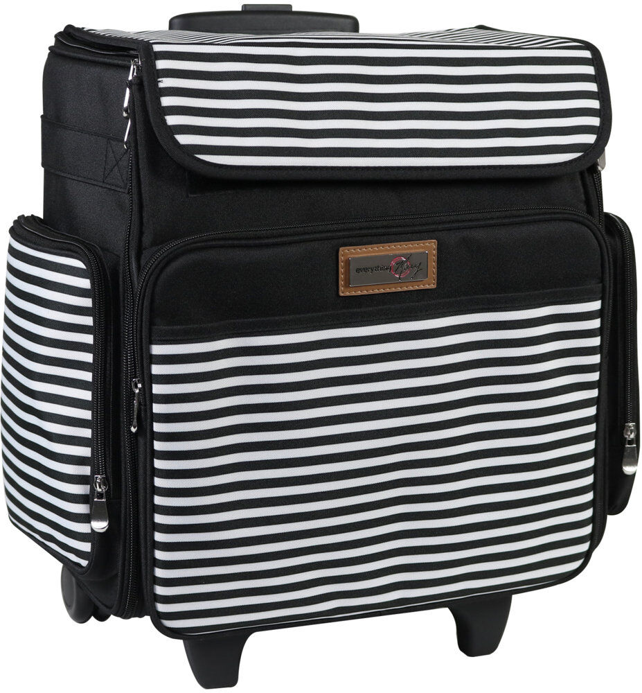 Brayden Studio Everything Mary Collapsible Rolling Tote Bag, 2 Wheel Trolley Bag for Sewing/Crafts-Black & White Stripe Black 32L