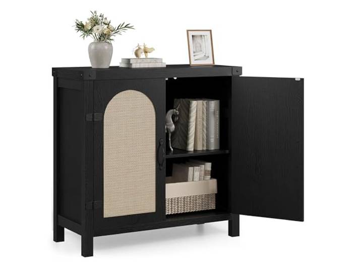 LuxFocus Rattan Sideboard Verstellbare Ablagen Schwarz Holzoptik Boho Buffetschrank mit geflochtenen Türen für Wohnzimmer, Esszimmer und Flur mit flexiblem Stauraum