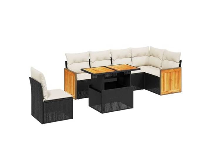 PUGYNBK Garten-Esszimmer-Set, 7-teilig, mit Kissen aus synthetischem Rattan, Schwarz
