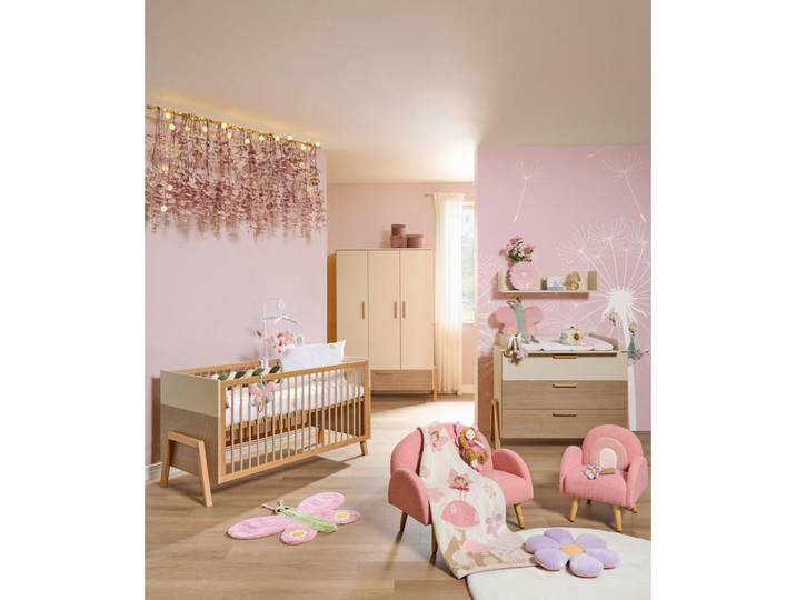 Jimmylee Babyzimmer Diana, Creme, Eiche, 5 Fächer, 3 Schublade(n) Schubladen, zum Juniorbett umbaubar, höhenverstellbar, Lattenrost inklusive, Schlupfsprossen, Babymöbel, Babyzimmer-Sets