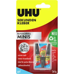 UHU Sekundenkleber 45370 blitzschnell Minis, Gel, extra stark, wasserfest, 3x 1g