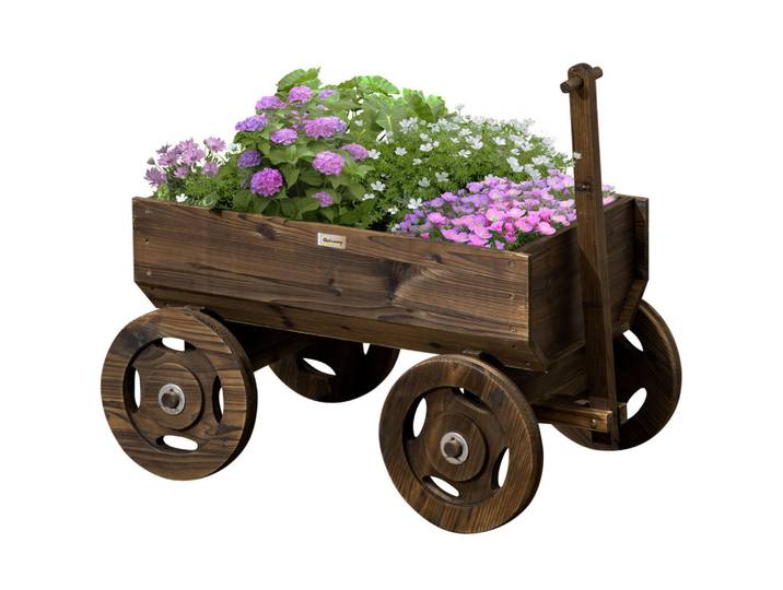 ComfortXL Hochbeet De-05349 Holzwagen-Design, beweglich Braun, Naturfarben, 127x58x53 cm, Gartenzubehör, Hochbeete