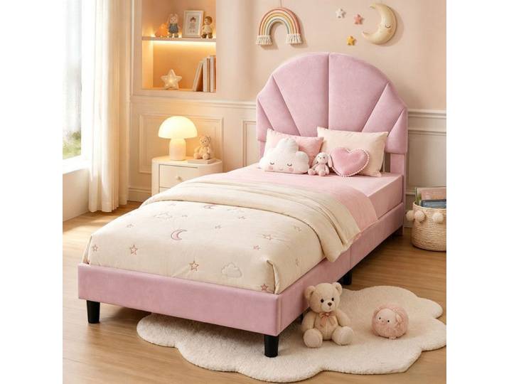 Lit Fille 90x200 cm Lit Simple Enfant avec Tête de Lit Réglable en Hauteur Lit Rembourre avec avec Sommier Velours Rose