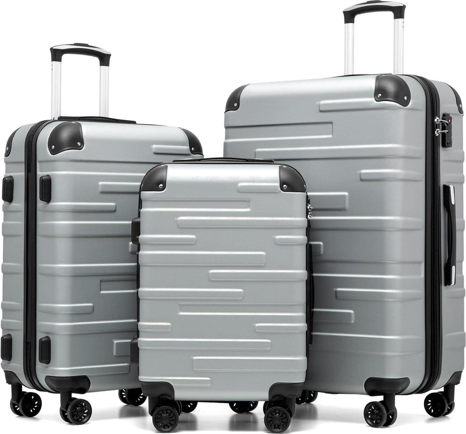 COOLIFE Hartschalen-Koffer Set 3-teilig Silber TSA-Schloss 4 Rollen