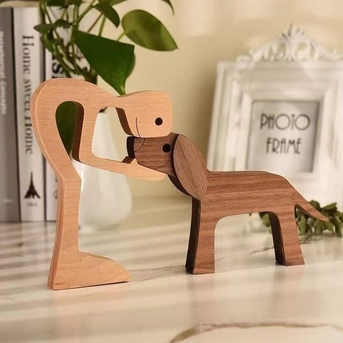 Solidchoice Abstracte Houtsnijwerk Familie Welpen Standbeeld voor op tafel