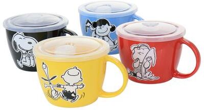 Gibson Peanuts 70th Anniversary 4 Piece Stoneware 23.5oz Soup Bowl Set with Vented Lids in Assorted Colors