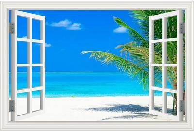 Inspire Select 3D Beach Window View Wall Sticker Ocean Sky Landscape Peel & Stick PVC Wallpaper 7 28 40 In