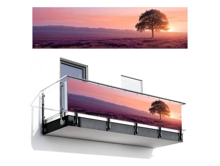 MuchoWow Balkon-Sichtschutz Baum - Heidekraut - Sonnenaufgang, Flieder, Kunststoff, Rechteckig, 300x75 cm, Sonnenschutz, Sichtschutz