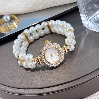 Youfap Market Elegant Pearl Diamond Encrusted Watch, Vintage Luxury Bracelet Style For Ladies, Convenient Quartz Wristwatch gold