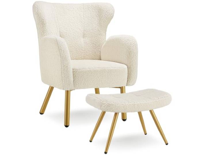 tectake® Ohrensessel mit Hocker, Bouclé, hohe Rückenlehne, skandinavisch dickes Polster, Beistellhocker als Fußablage, ergonomisch, 120 kg Belastbarkeit, stabiles Stahlgestell, Creme-Gold
