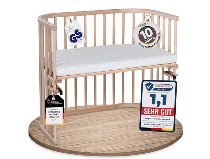 babybay Maxi Beistellbett, GS-geprüft, Natur unbehandelt, mit Matratze Extra große Liegefläche, massive Buche, stufenlos höhenverstellbar, am Elternbett befestigt & mitwachsend