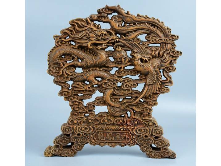 Vieux buis DDragon et Phoenix motif Dragon Phoenix Chengxiang écran Amass richesse ornements maison de ville exorcisme