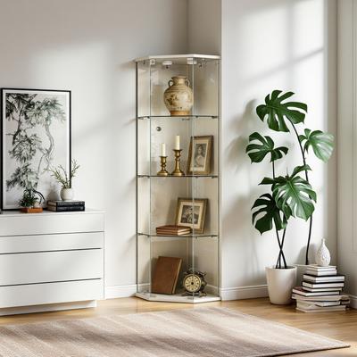 ZWYO HOSIMU "64.2"" Tempered Glass 5-Sided Corner Display Storage Cabinet with Remote Control Lights, Door Lock, Adjustable Feet"