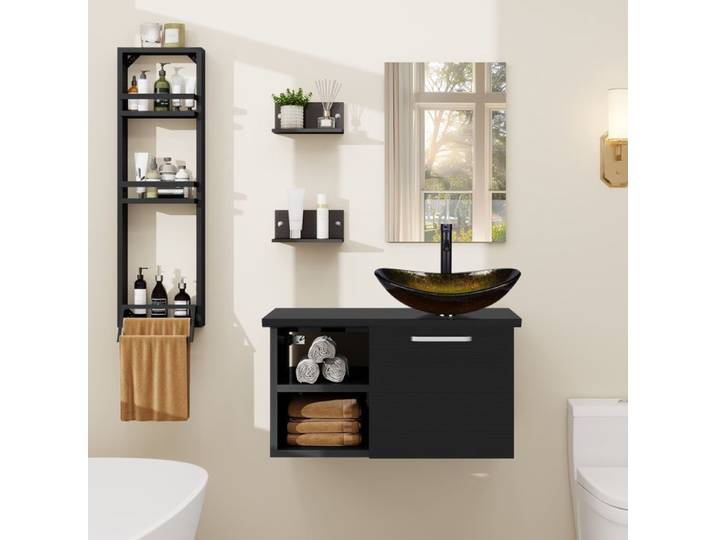 Ensemble de Meuble de Salle de Bain Meuble sous-Vasque Armoire + Étagères latérale + Lavabo + Robinetterie + Miroir