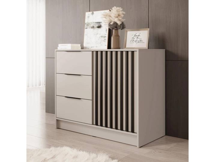 Kommode Stilo Kaschmir Beige mit Lamellen – 105 cm, 1 Tür, 3 Schubladen, Trendfarbe