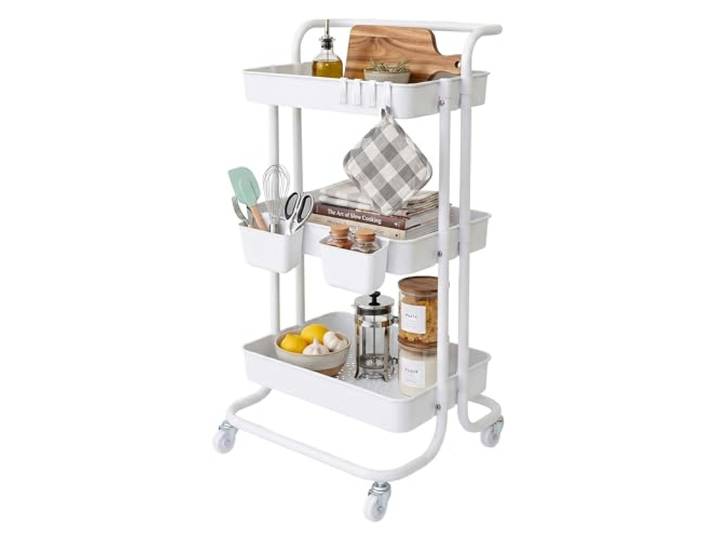 Relaxdays Chariot à Poignée 3 Niveaux\, 87x43x38 cm\, blanc\, servante PP & acier\, 2 freins\, 2 bacs