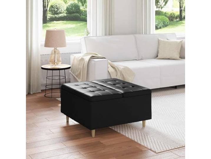 TEKGHUT Kunstleder Sitzhocker mit Stauraum Schwarz 80x80x45 cm Versteckter Stauraum, Gepolsterte Sitzfläche, Stabile Holzbeine, Vielseitig als Fußstütze