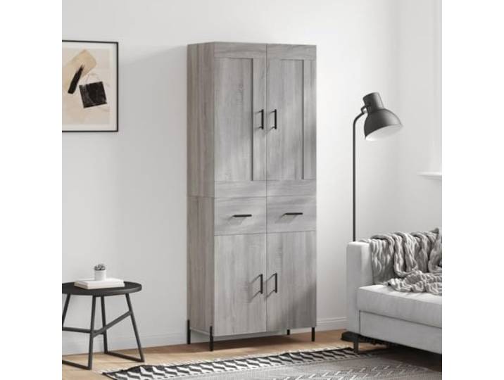 Elegantes Highboard für Wohnzimmer Aufbewahrung, stabiles Highboard mit Wandhalterungssicherung, stilsvolles mit Eisenbeinen in Betongrau, modernes Design aus Holzwerkstoff