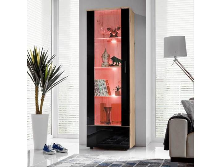Vitrine Armoire Alessandria Komodee - LED RGB - Noir Brillant & Bois Naturel - Façades en Brillant - L60cm x H192cm x P42 cm