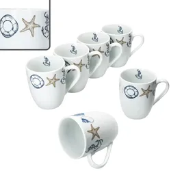 Neptun 6x Kaffeebecher 280ml Porzellan-Tassen 6 Pers Tee Kakao Anker maritim