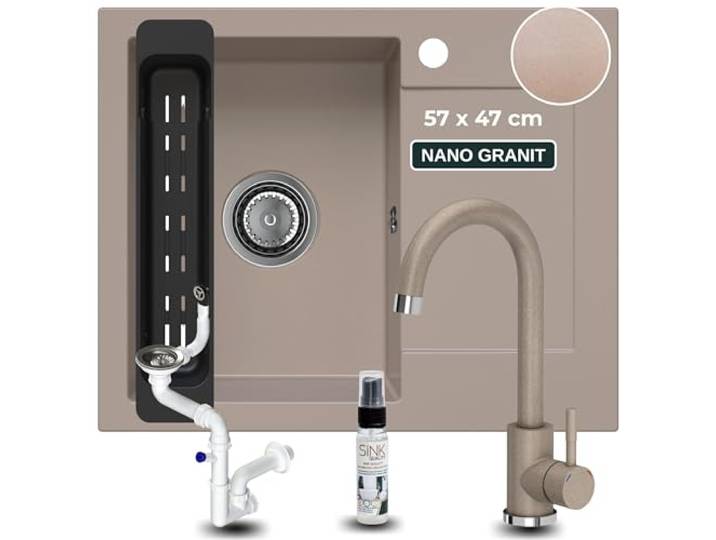SINK QUALITY Granitspüle beige mit Armatur 58x47 - Spülbecken mit Siphon und Imprägniermittel - Küchenspüle beige mit Abtropffläche für 50er Unterschrank