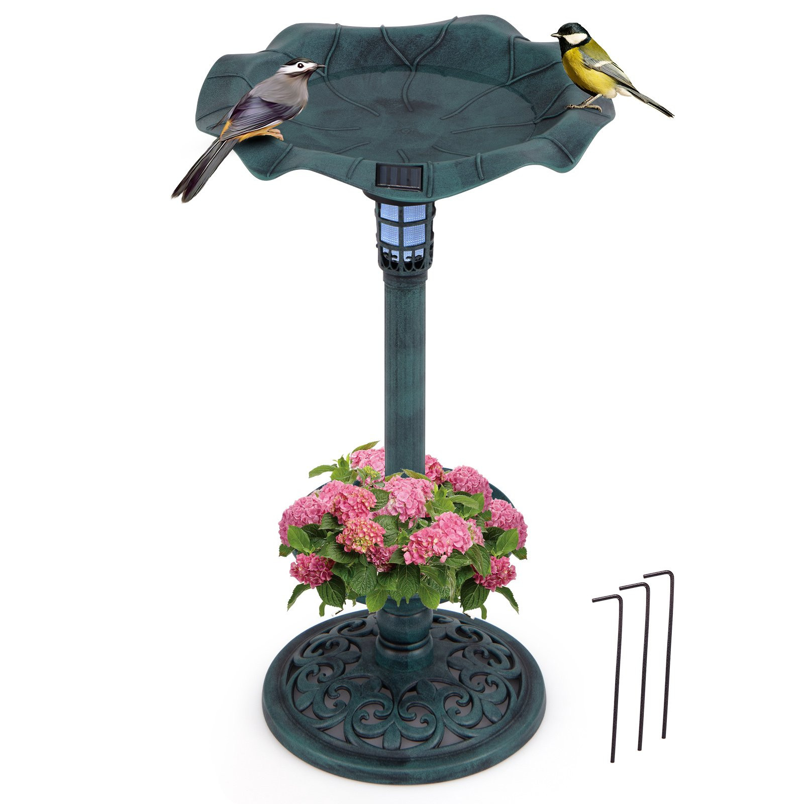 Costway Retro Vogelbad met Solarverlichting en Bloempot als Vogelvoederhuis en Standaard in Groen