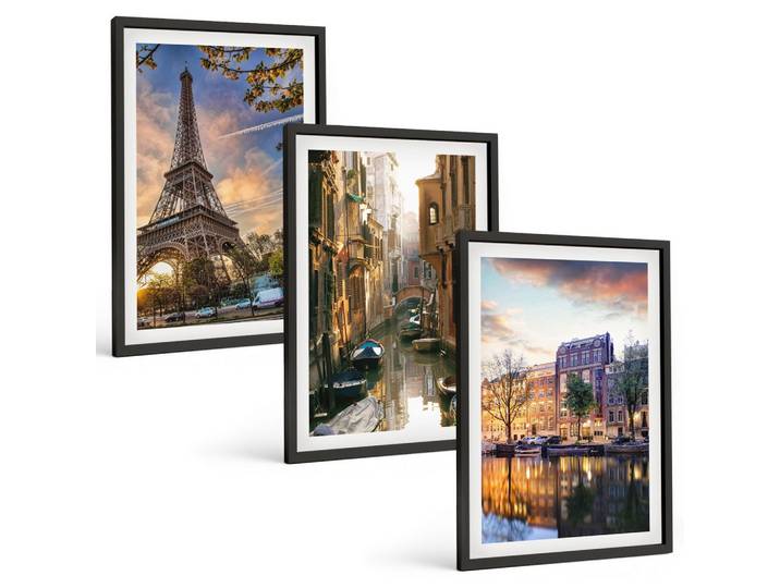 BILDER SET 3er Set - 40x60 cm Schwarzer Rahmen - Eiffelturm Venedig Amsterdamer Kanäle