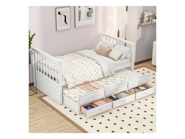 Lit gigogne 90 x 200 cm (90 x 190 cm) avec 3 tiroirs Lit enfant avec cadre de lit simple en bois Lit double en blanc