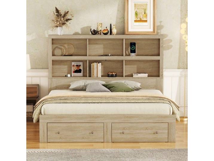 Lit Double king-size double 160x200cm plaque spancée - 2 tiroirs & tête de lit rangement - Design naturel -sans Matelas