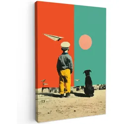 LEINWANDBILD Retro - Junge - Hund - Rot - Grün Deko Wohnzimmer 20x30 cm