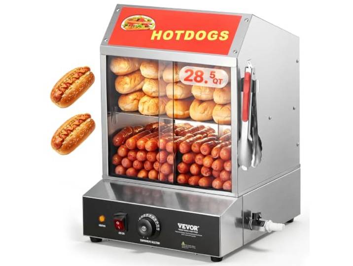 VEVOR Cuiseur à Vapeur Hot-Dogs\, 27L\, Machine à Vapeur Hot-Dogs à 2 Niveaux\, température 30° à 85°\, Chauffe-Petits Pains électrique avec Porte coulissante en Verre trempé\, Plaque de séparation\, Pince
