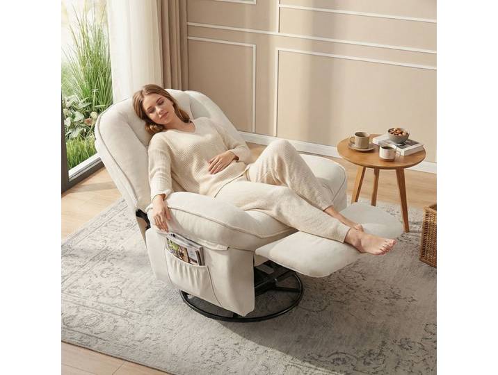 Fauteuil inclinable en chenille fauteuil de relaxation pivotant à 360° assise large poches latérales crème