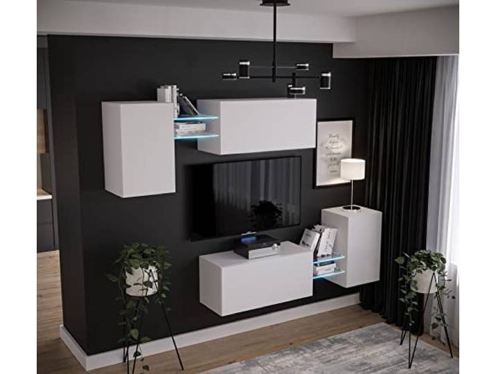 Furnitech Wohnwand Wohnzimmer Wohnzimmer Möbel mit LED RGB - 16 Farben Hängend Wohnwand Modern Wohnzimmer Schrankwand mit Regale und TV Schrank (AN97-21W-M4 1A)