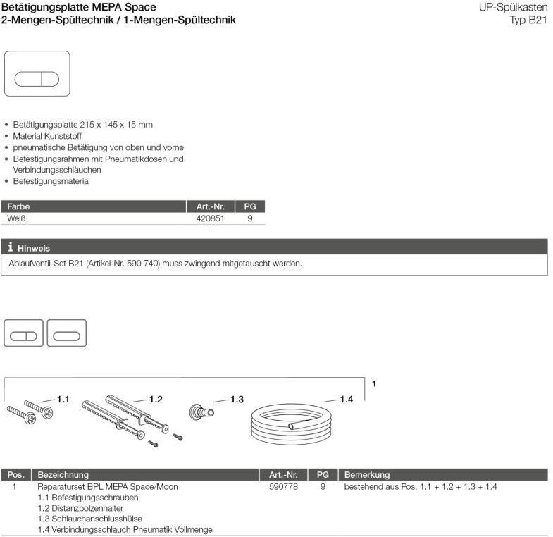 Mepa Space für B21 Betätigungsplatte 2-Mengen Weiß, 420851 420851