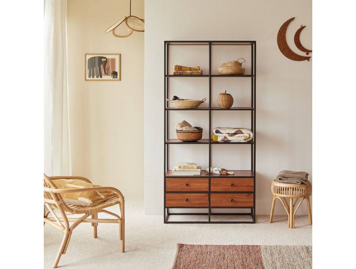 Kinderbücherregal aus massiver Akazie und Metall 175 cm Agra - Natur