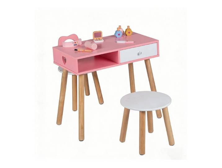 COSTWAY Schminktisch, Manikürtisch mit Stuhl & Hocker, Frisiertisch aus Holz