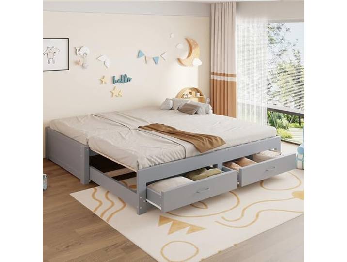 Merax Ausziehbares Schlafsofa Holz 90/180x190 cm mit 2 Schubladen, ohne Armlehnen – Grau (Ohne Matratze)