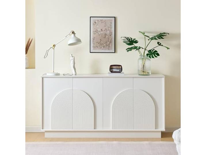QQJIN Sideboard Wohnzimmer 160cm, Moderner Sideboard Weiss mit 4 Gewölbten Türen für Esszimmer, Flur – Hochwertiges MDF, B