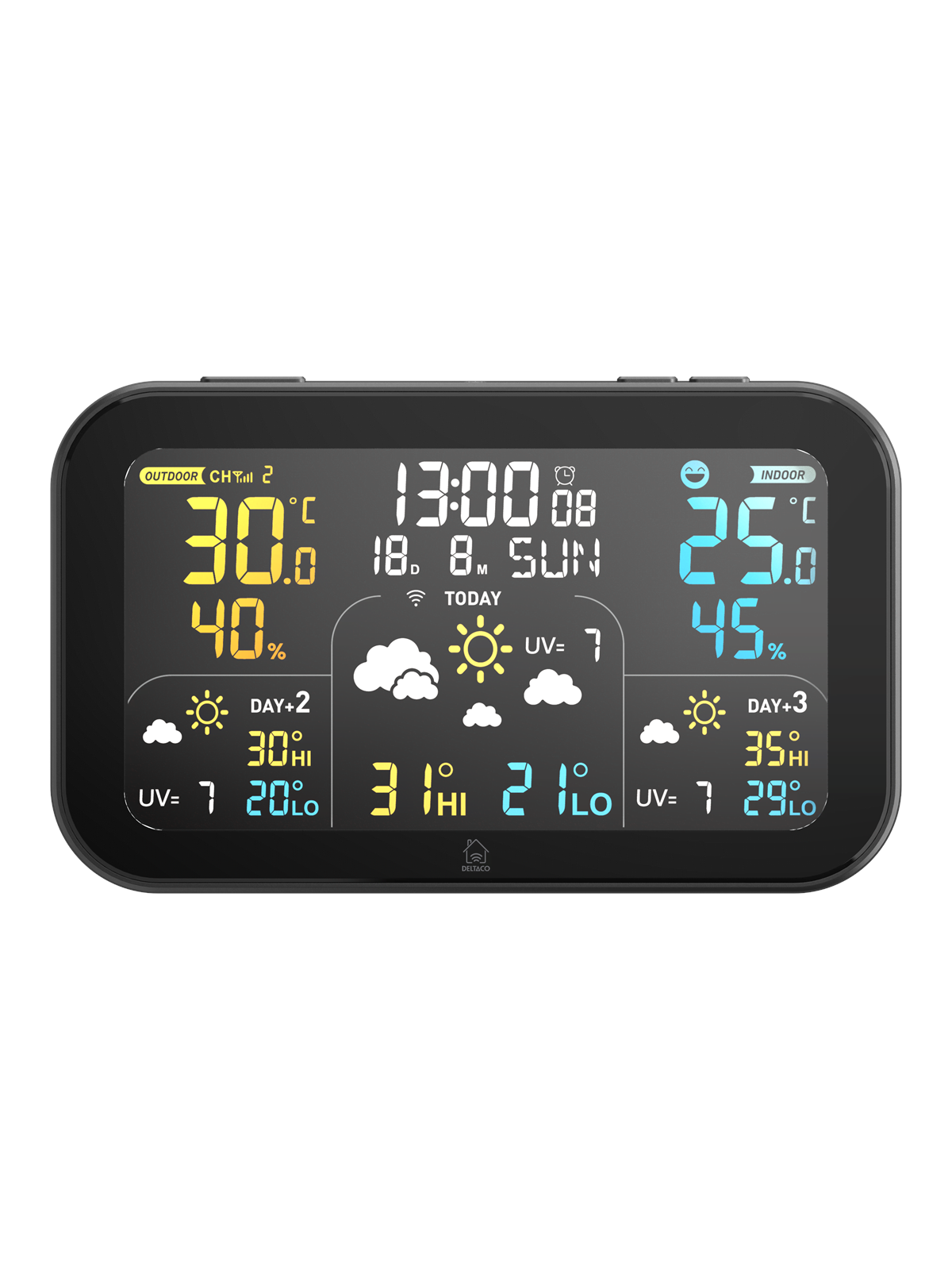 Deltaco SMART HOME Große Wetterstation, Überwachung von Temperatur und Luftfeuchtigkeit innen/außen, WiFi, Schwarz