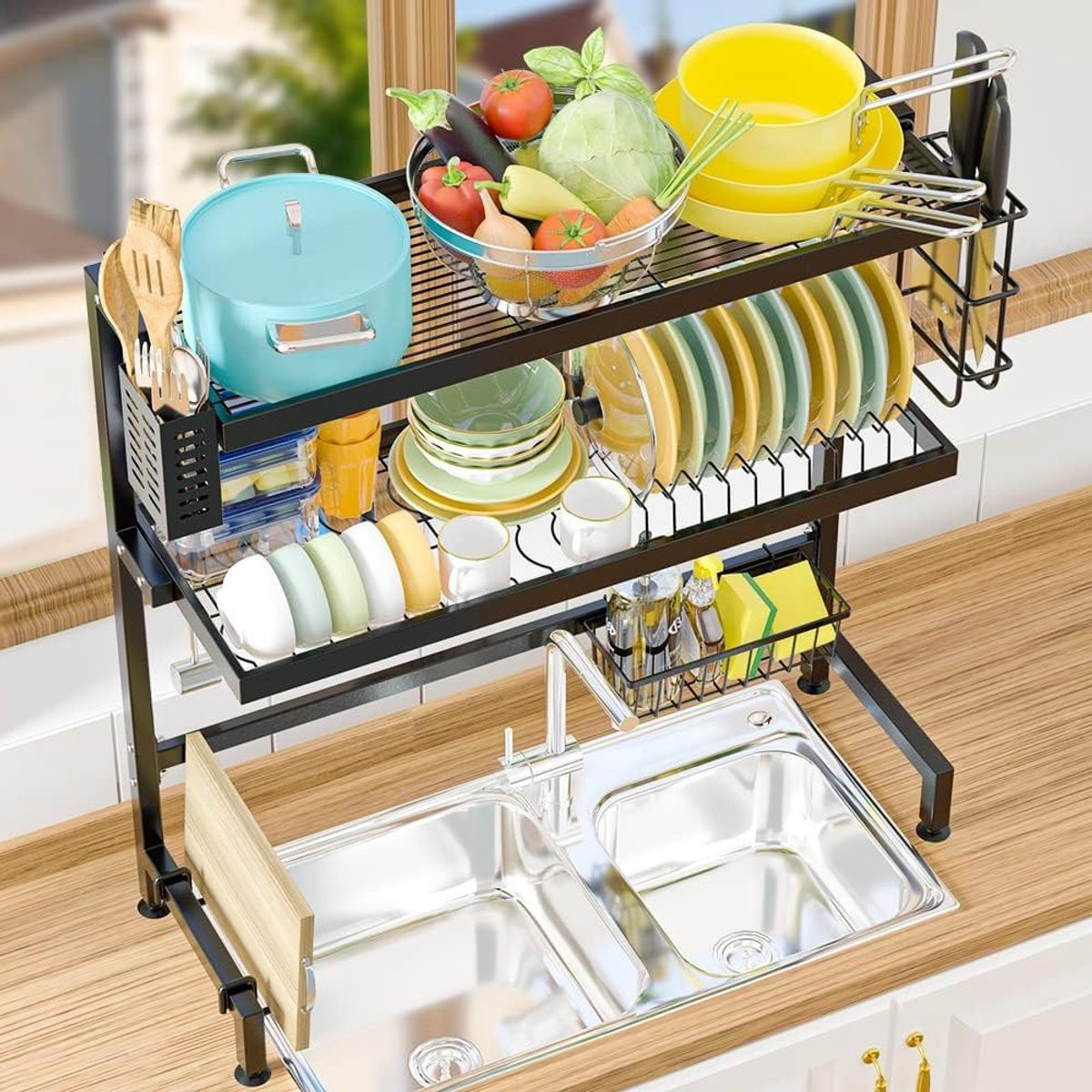 Multifunctioneel 3-laags afwasrek voor in de gootsteen met snijplankhouder, zwart, lengte: 65 cm