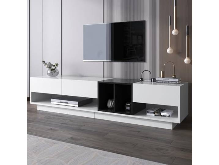 Merax Lowboard TV-Schrank, Moderner TV Ständer mit 3 Schubladen und offenes Ablagefach, TV Board mit viel Stauraum, Fernsehschrank für Wohnzimmer Esszimmer, Farbblockdesign, 190x40x34cm, Weiß&Schwarz