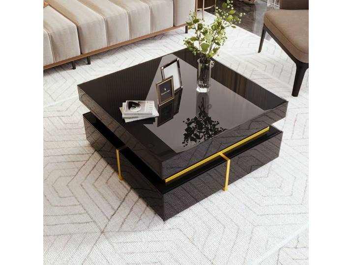 Table basse brillante avec tiroirs et accents dorés - Design élégant pour salon moderne