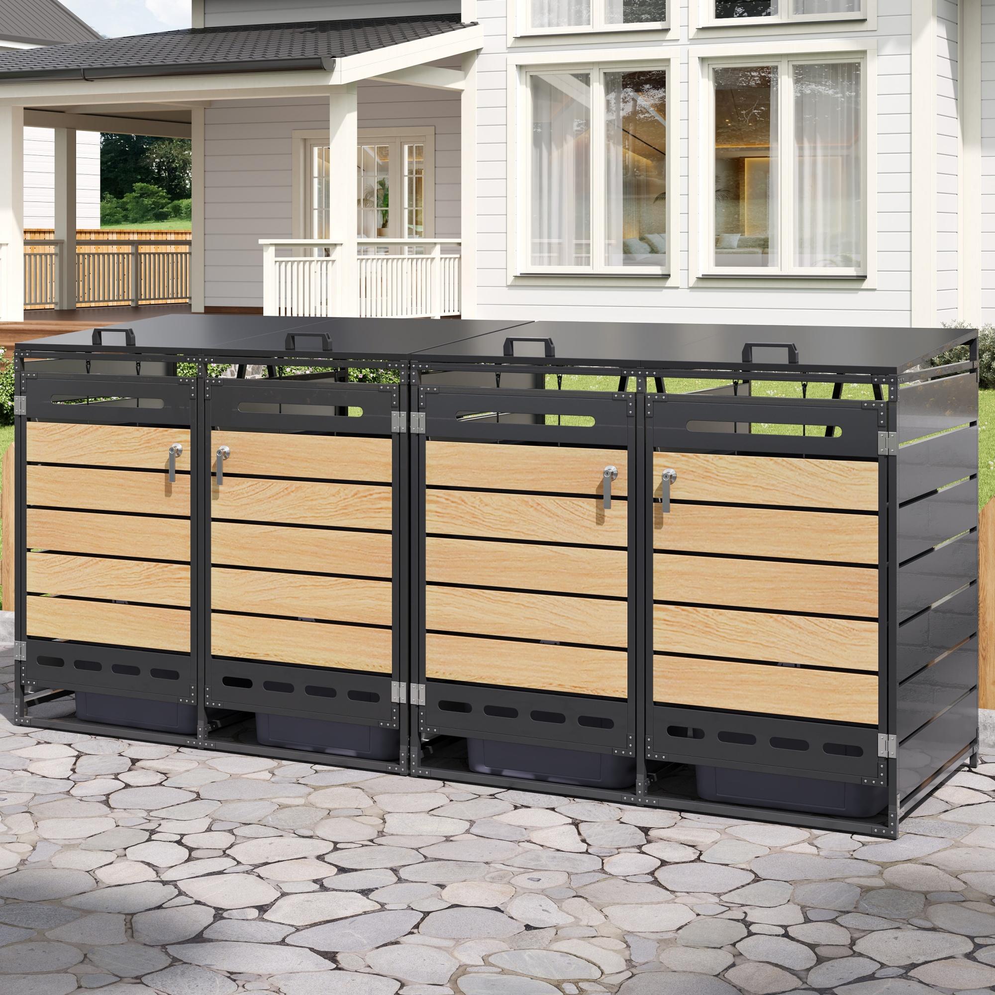 Merax Mülltonnenbox 2er mit hydraulischem Deckel, Metall Mülltonnenverkleidung Holzoptik Horizontal, Belüftet & Abschließbar, Garten Müllbox, Schwarz