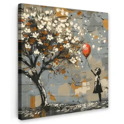 LEINWANDBILD Baum - Graffiti - Banksy-Stil - Ballon-Mädchen Deko Groß 90x90 cm